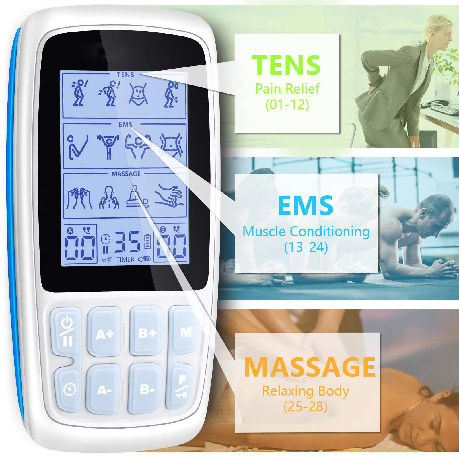 Dual-Channel FDA510K 28 Modes TENS Unit Back Neck Relief Muscle Stimulator with Electrode Pads Class I EMS Therapy Machine Massage